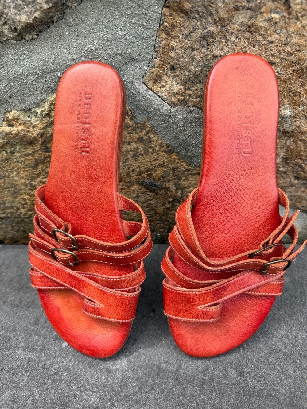BED|STU Orange-Red Leather Multi-Strap Slide Mules